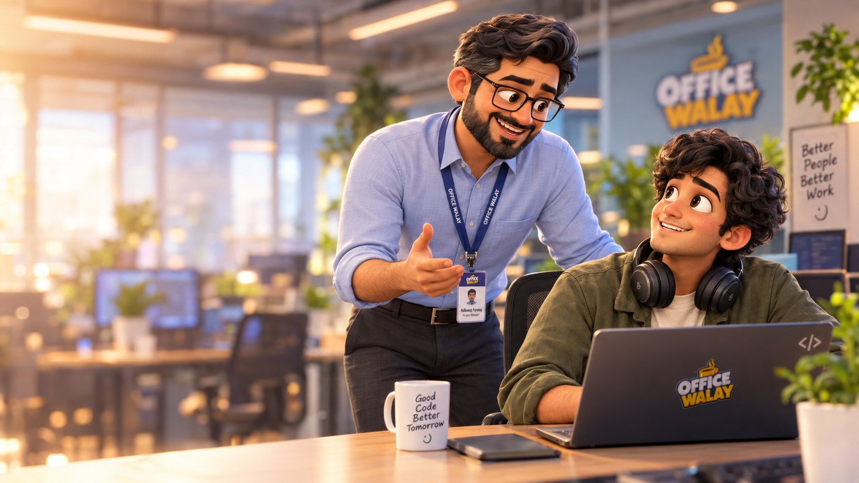 Followup Farooq leans in and talks to Backend Babloo at his desk in the Office Walay workspace